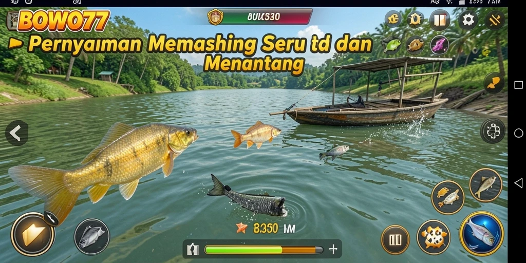 Screenshot gameplay BOWO77 menampilkan petualangan memancing yang menarik.