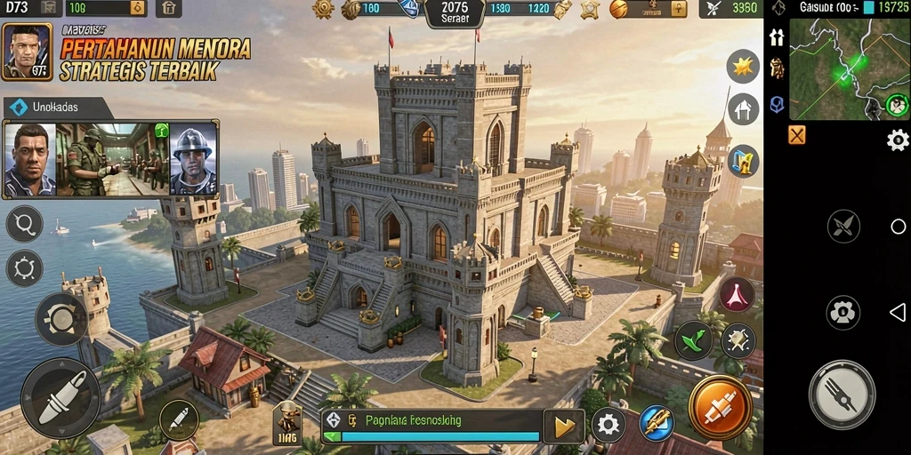 Screenshot utama D73 menampilkan aksi menara pertahanan melawan gelombang musuh.