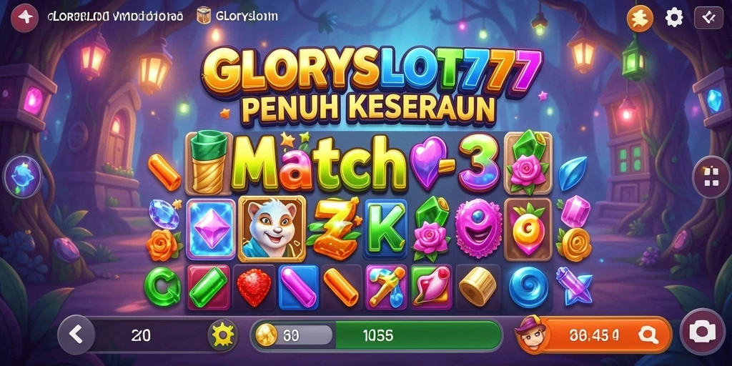 Screenshot gameplay GLORYSLOT777 menampilkan aksi Match-3 yang seru.