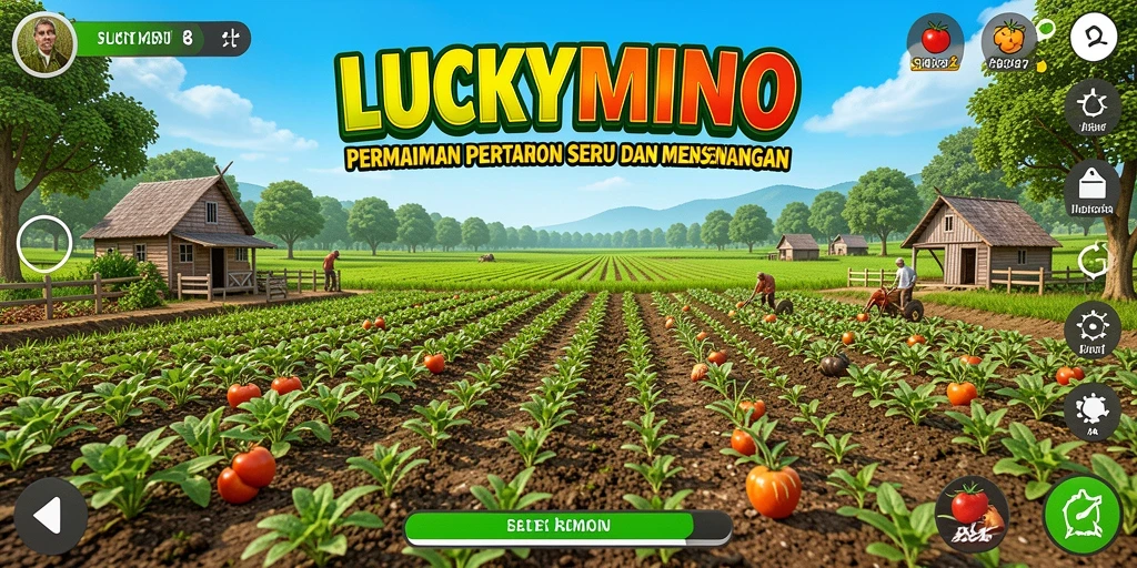 Tangkapan layar <strong>LUCKYMINO</strong> menunjukkan suasana pertanian yang cerah dan kaya akan aktivitas.