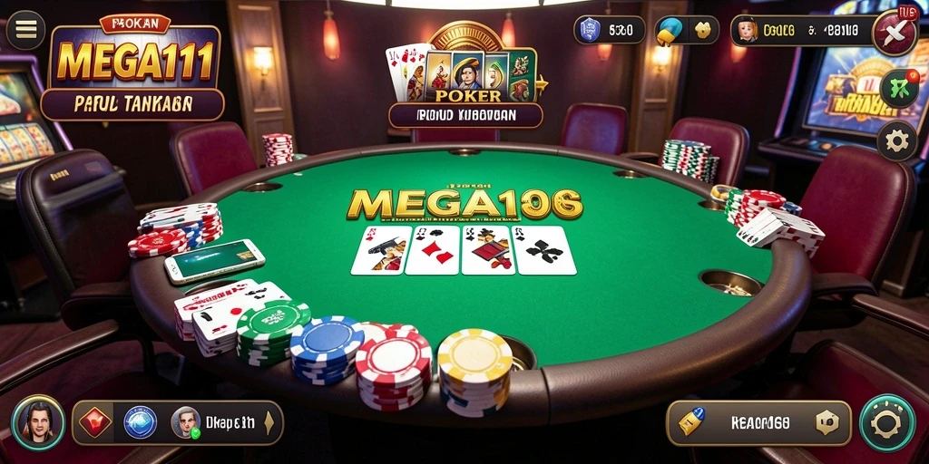 Tampilan screenshot utama MEGA111 menampilkan suasana permainan Poker yang mendebarkan.