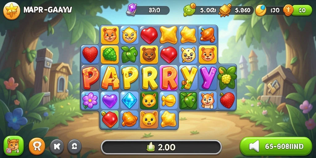 Screenshot utama PPRRYY menampilkan gameplay Match-3 yang penuh warna.
