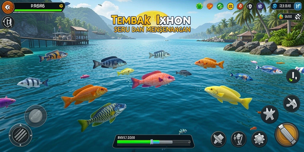 Tampilan gameplay R6R6 saat menangkap ikan yang beragam.