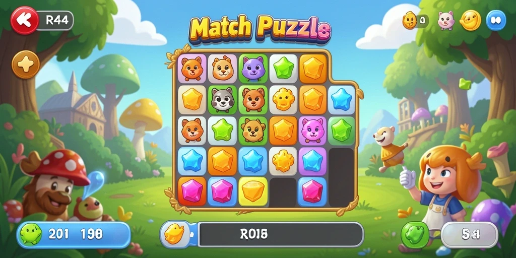 Screenshot utama RR44 menunjukkan aksi mencocokkan objek di level yang penuh warna.