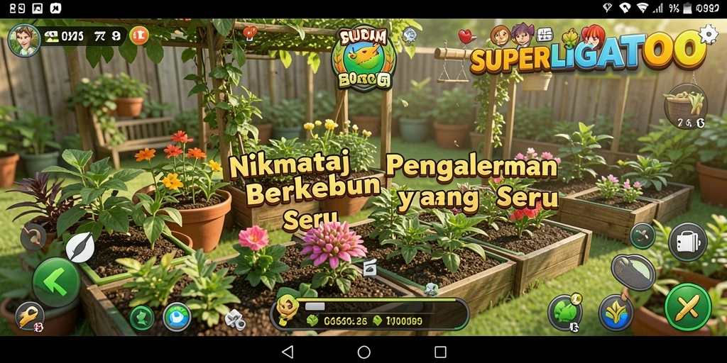Tampilan gameplay SUPERLIGATOTO dengan ladang yang subur dan hewan ternak.